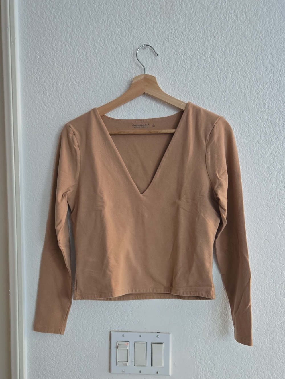 Abercrombie & Fitch V-Neck Long Sleeve Crop Top - Camel Tan